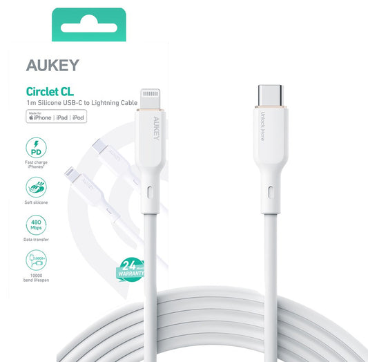 AUKEY CB-SCL2 Power Delivery USB C - Lightning Apple 1.8m 27W 3A silicone cable white