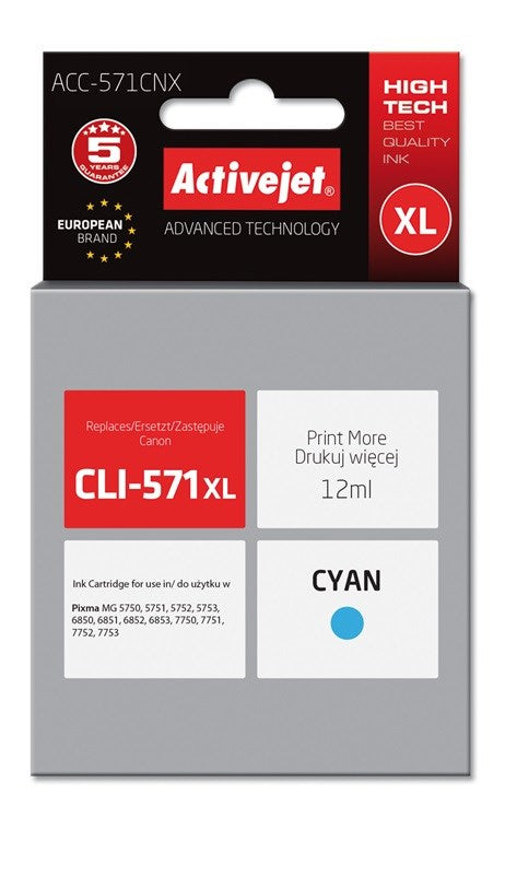 Activejet ACC-571CNX ink cartridge (replacing Canon CLI-571XLC; Supreme; 12 ml; Cyan)