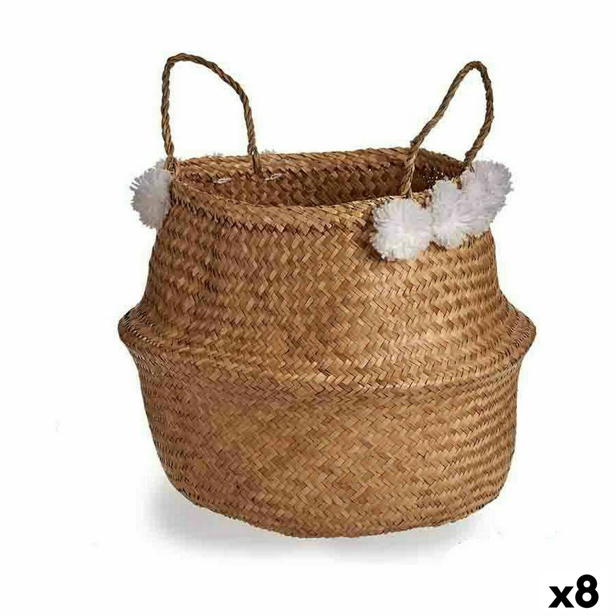 Decorative basket Pompoms White Natural Strings 8 L 32 x 30 x 32 cm (8 parts)